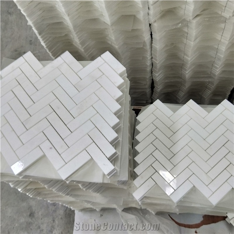 Herringbone Thassos Crystallina Marble Mosaic
