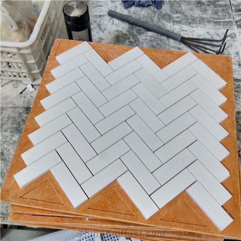 Herringbone Thassos Crystallina Marble Mosaic