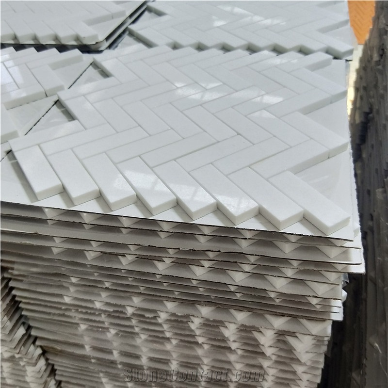 Herringbone Thassos Crystallina Marble Mosaic