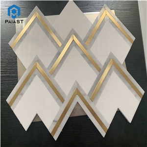 Herringbone White Marble And Brass Mosaic Tiles