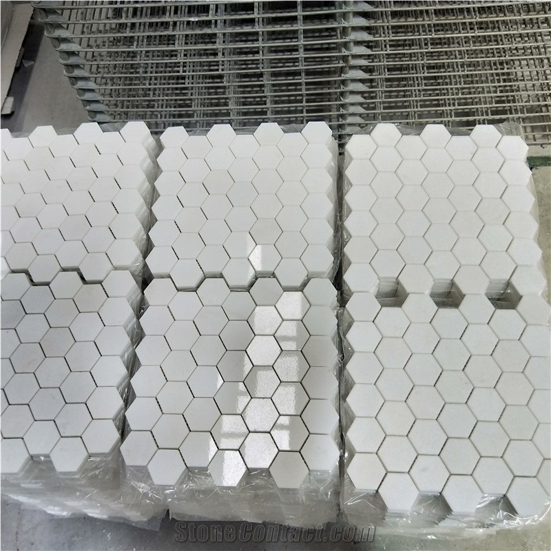 Hexagon Crystal Thasoss White Marble Mosaic Tiles