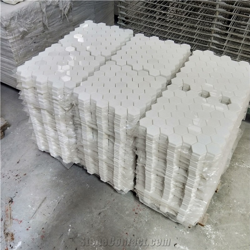 Hexagon Crystal Thasoss White Marble Mosaic Tiles