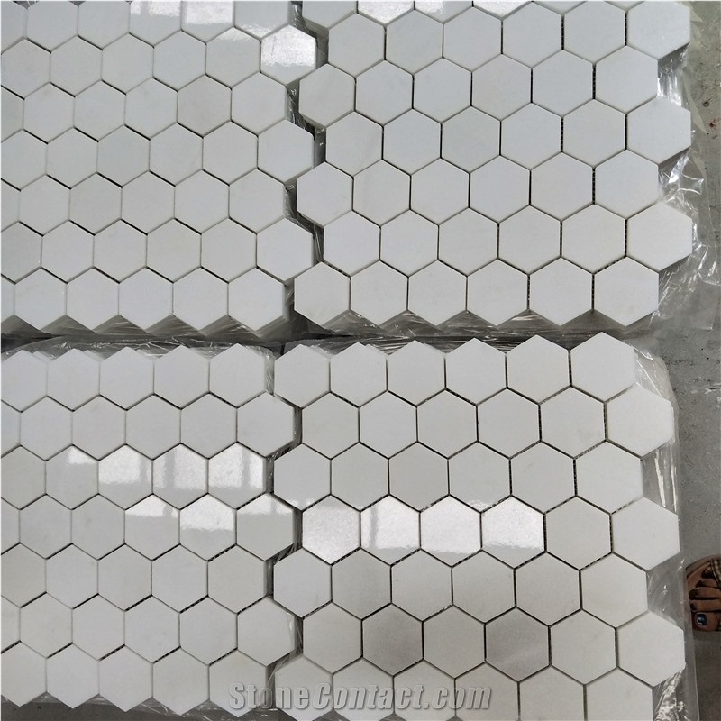 Hexagon Crystal Thasoss White Marble Mosaic Tiles