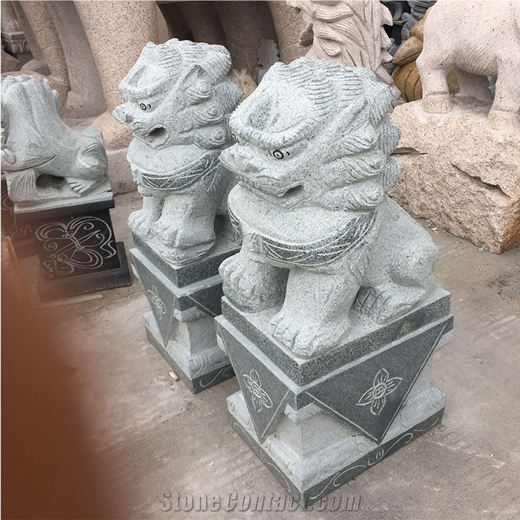 Outdoor Hand Carved Grey Granite Lion Front Door