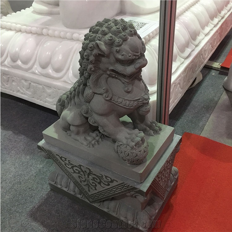 Outdoor Hand Carved Grey Granite Lion Front Door