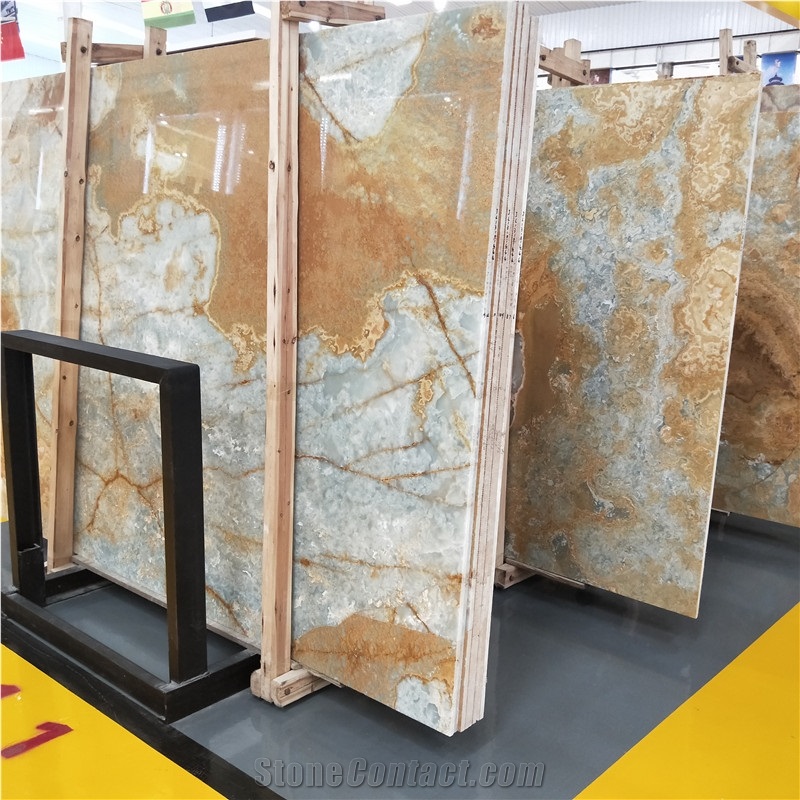 Transparent Golden Blue Onyx Stone Slab