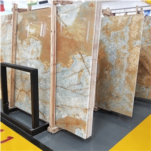 Transparent Golden Blue Onyx Stone Slab
