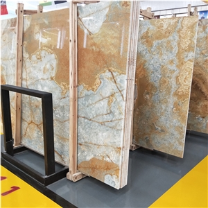 Transparent Golden Blue Onyx Stone Slab