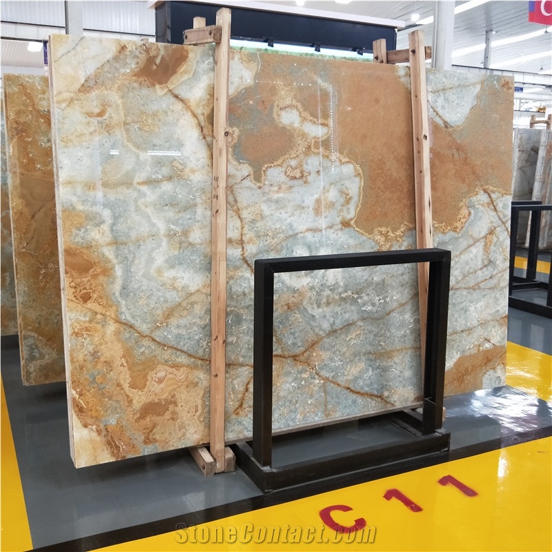 Transparent Golden Blue Onyx Stone Slab