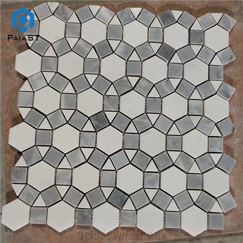 White Grey Marble Round Pattern Floor Mosaic Tiles