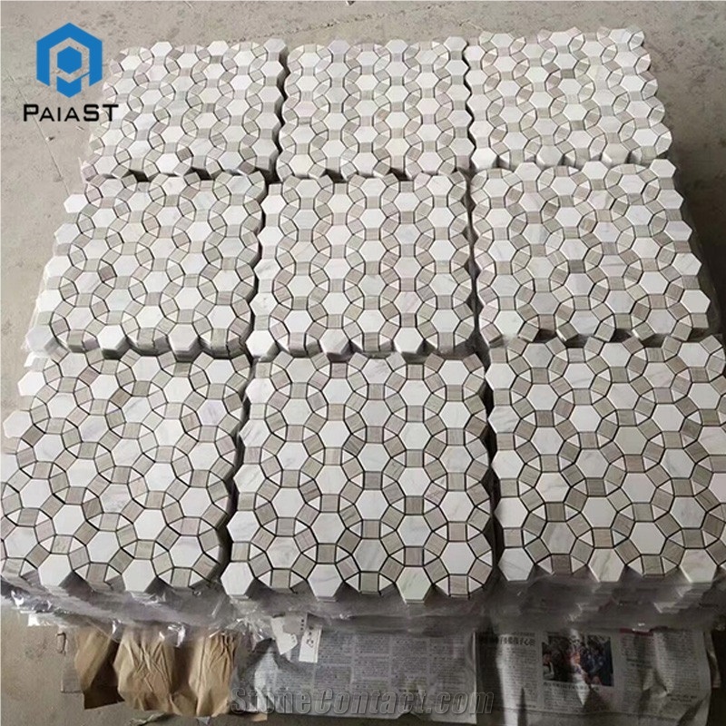 White Grey Marble Round Pattern Floor Mosaic Tiles