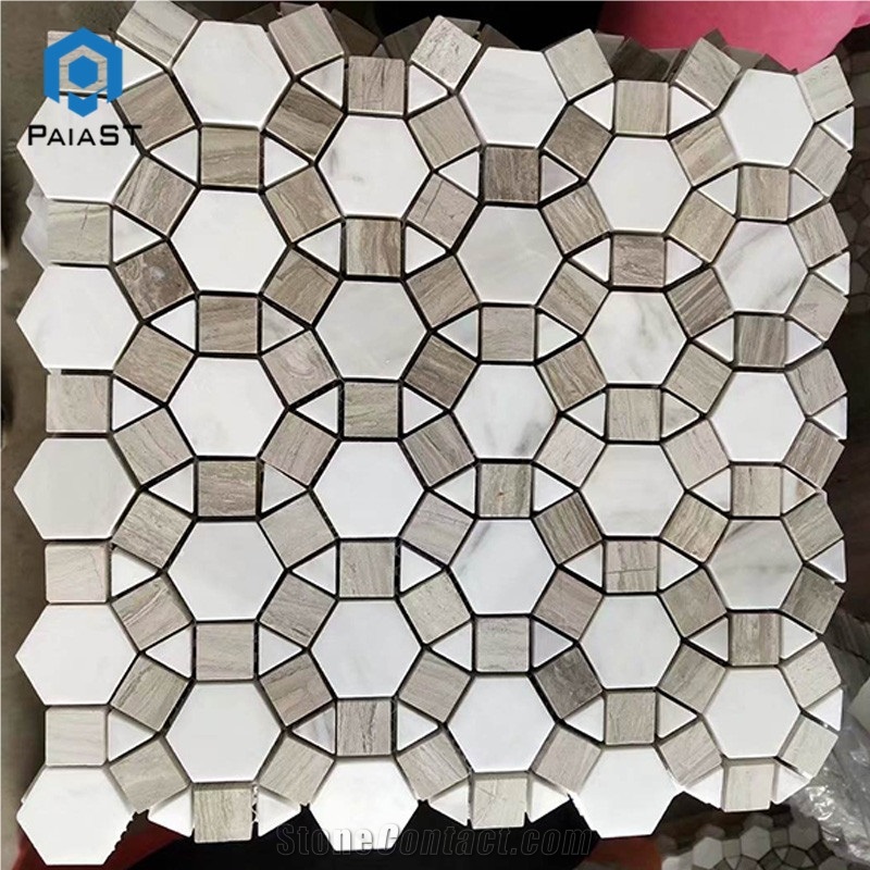 White Grey Marble Round Pattern Floor Mosaic Tiles