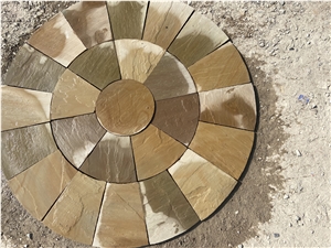 Natural Buff Circle, Natural Raj Green, Kandala Grey Sawn Honed