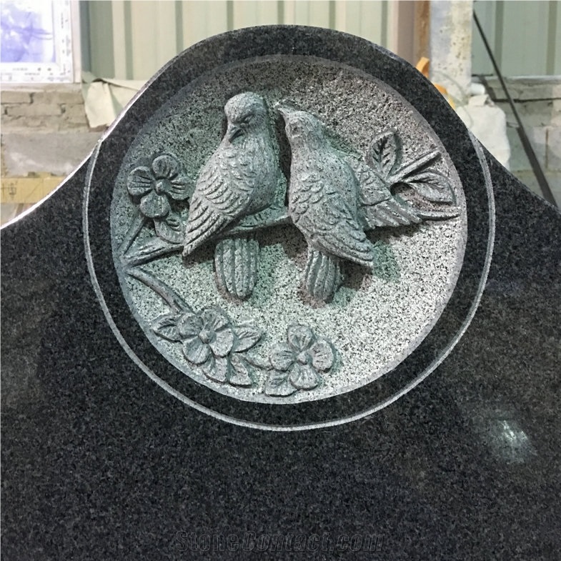 G654 Carved Doves Granite Single Upright Headstone