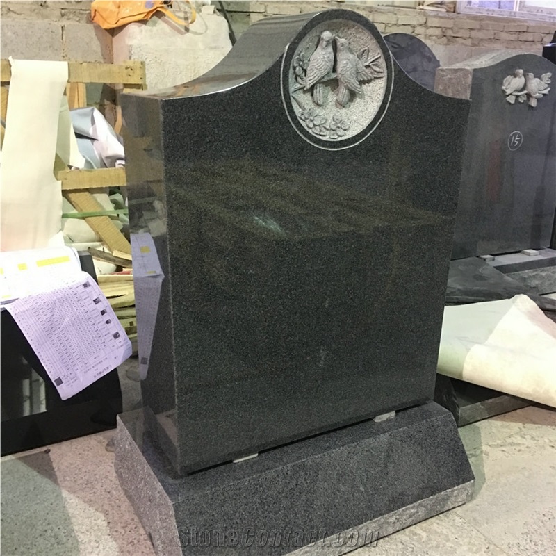 G654 Carved Doves Granite Single Upright Headstone