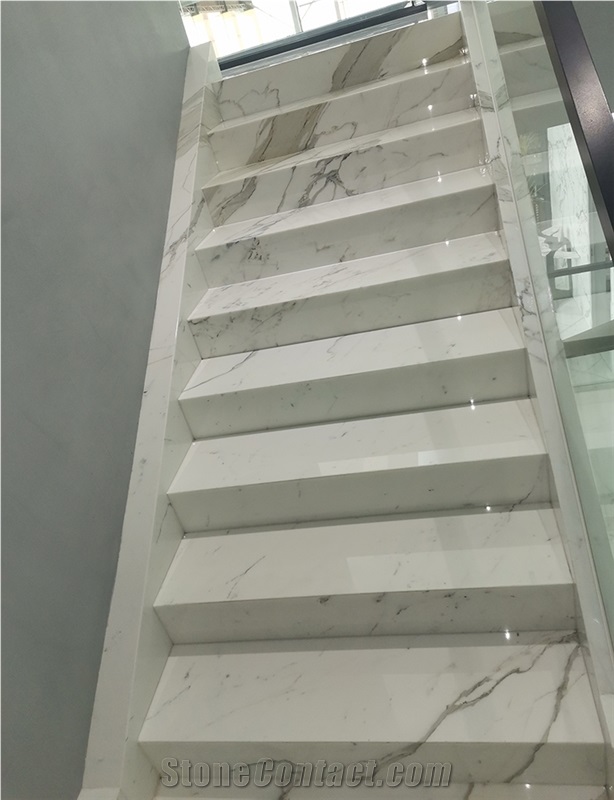 Step Tiles Spiral Calacatta White Marble Stairs