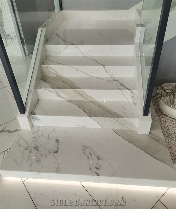 Step Tiles Spiral Calacatta White Marble Stairs