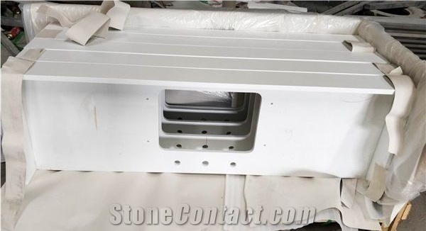 Pure White Quartz Hotel Vanity Tops Mitered Edge