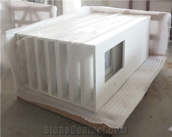 Pure White Quartz Hotel Vanity Tops Mitered Edge