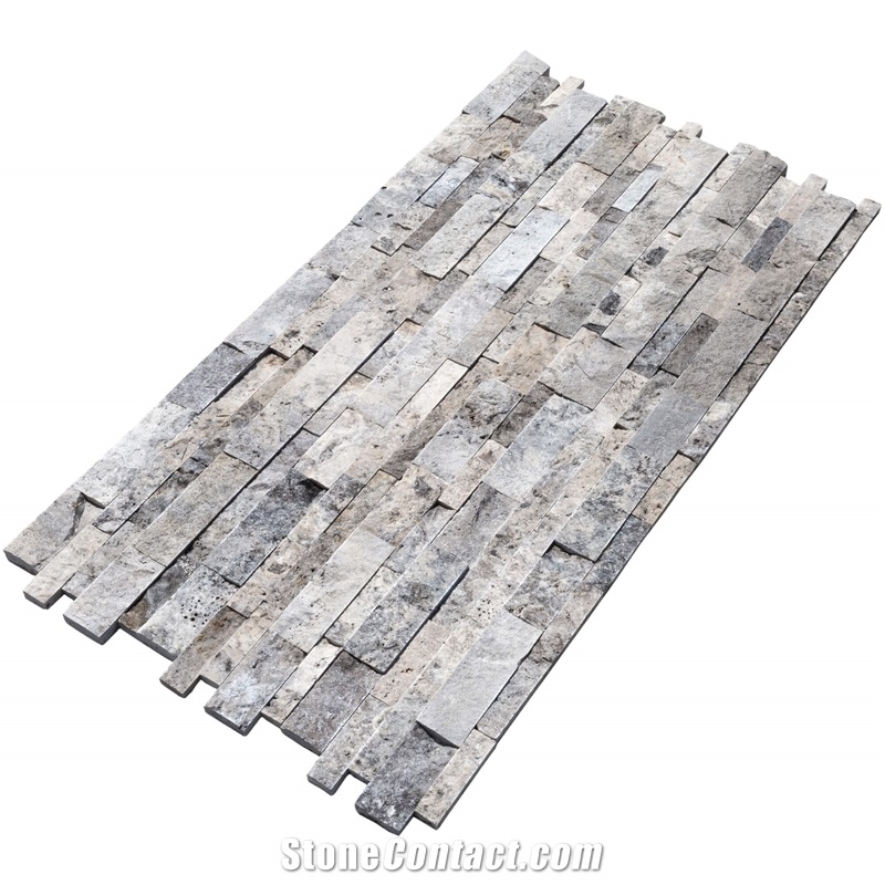 Silver Travertine Stacked Stone Ledger Panel