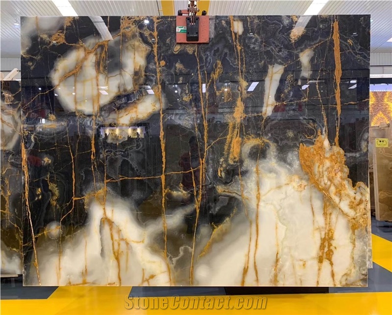 New Black White Onyx with Golden Line Translucent Slabs