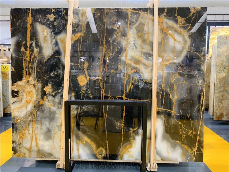 New Black White Onyx with Golden Line Translucent Slabs