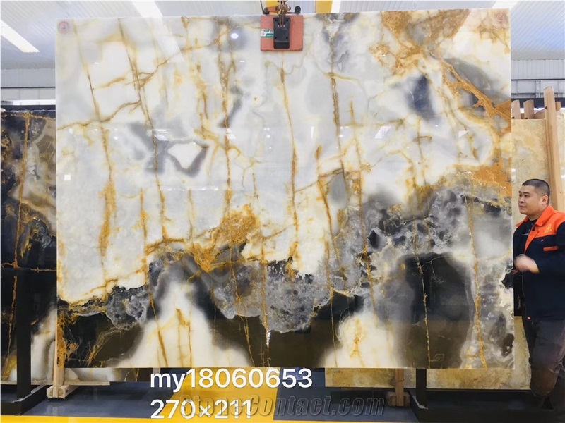New Black White Onyx with Golden Line Translucent Slabs