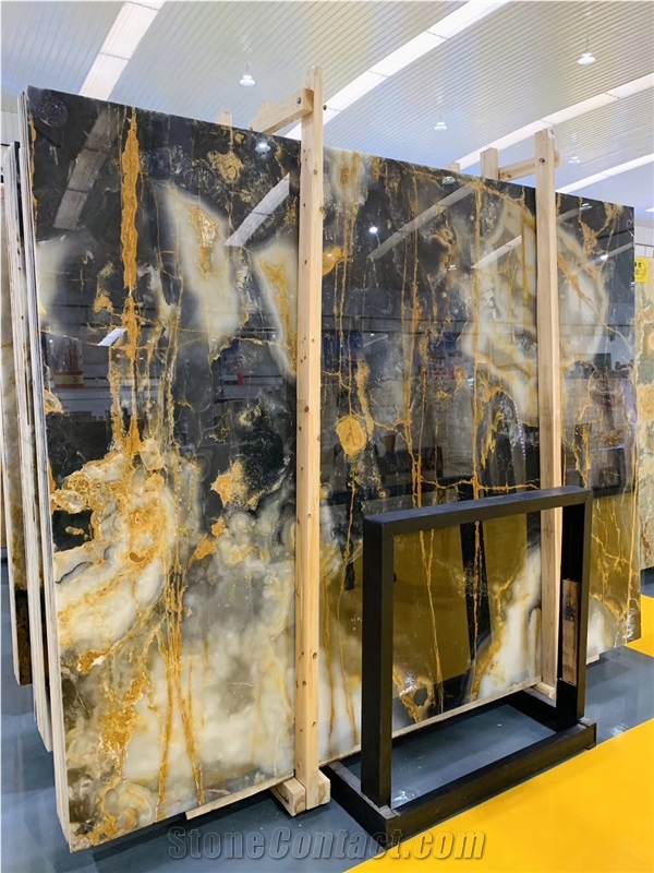 New Black White Onyx with Golden Line Translucent Slabs