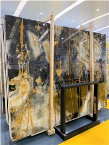 New Black White Onyx with Golden Line Translucent Slabs