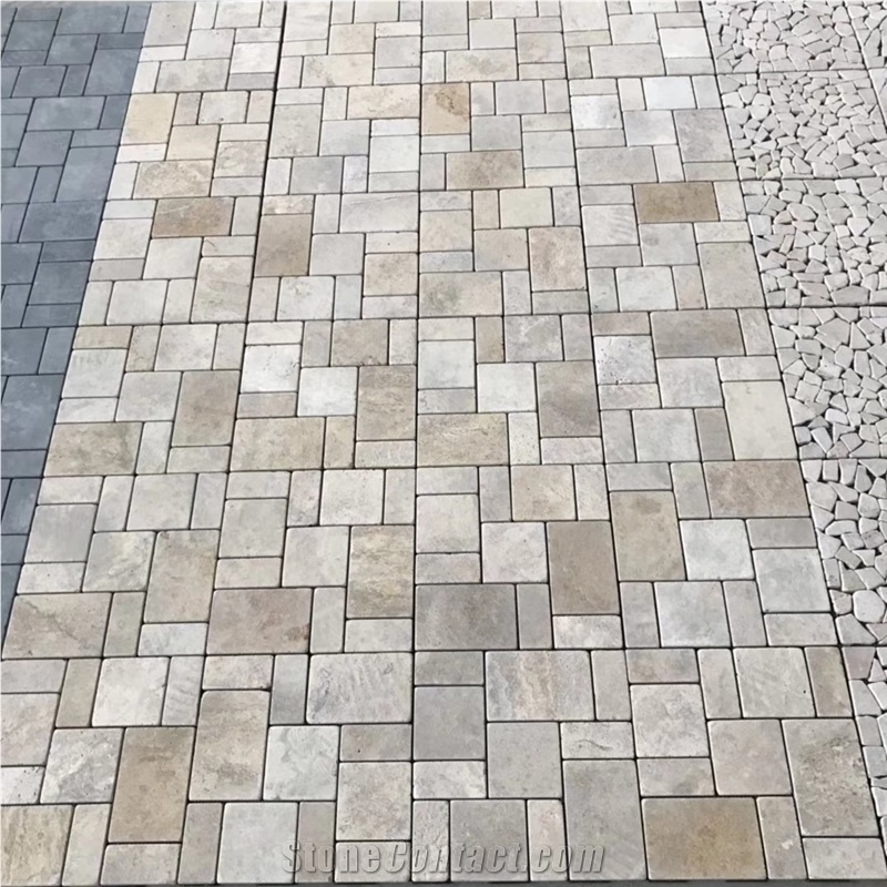 French Pattern Tumbled Yellow Limestone Mosaic