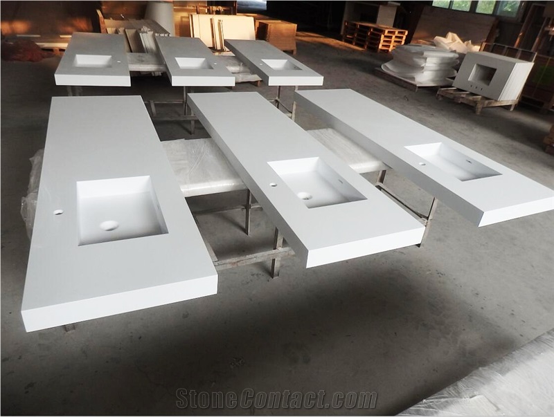 White Solid Surface Hotel Integrated Vanity Sink