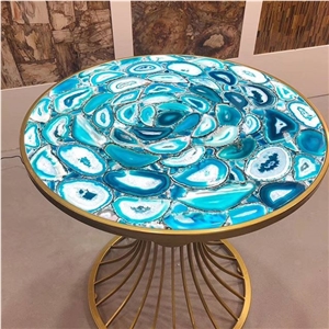Blue Agate Gem Stone Table Coffee Table Home Use