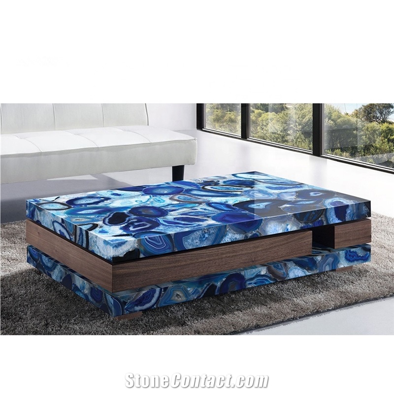 Blue Agate Gem Stone Table Coffee Table Home Use