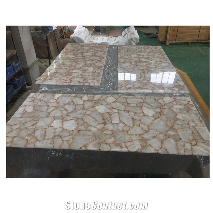 White Crystal Semi-Precious Stone Dining Table, Stone Interior Furniture