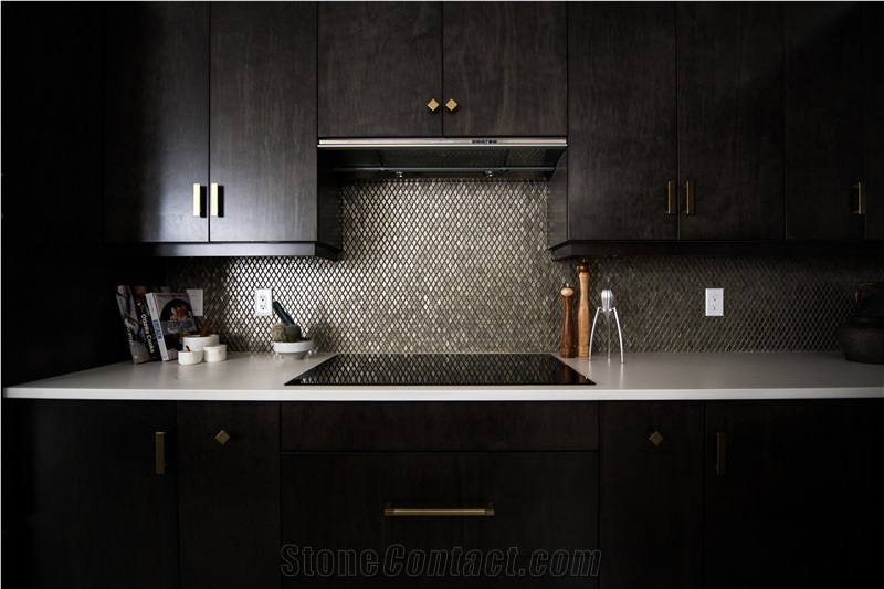 Carrara White Quartz Stone Kitchen Countertop, Island Top
