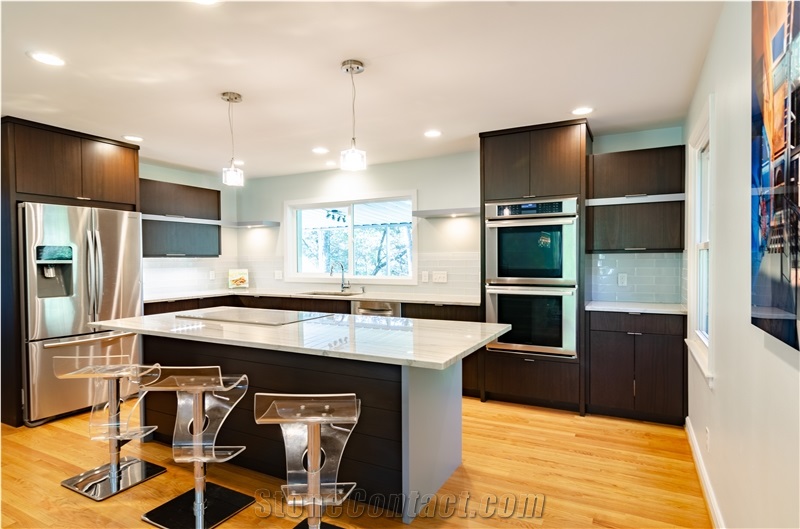 Carrara White Quartz Stone Kitchen Countertop, Island Top