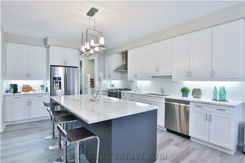 Carrara White Quartz Stone Kitchen Countertop, Island Top