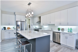 Carrara White Quartz Stone Kitchen Countertop, Island Top