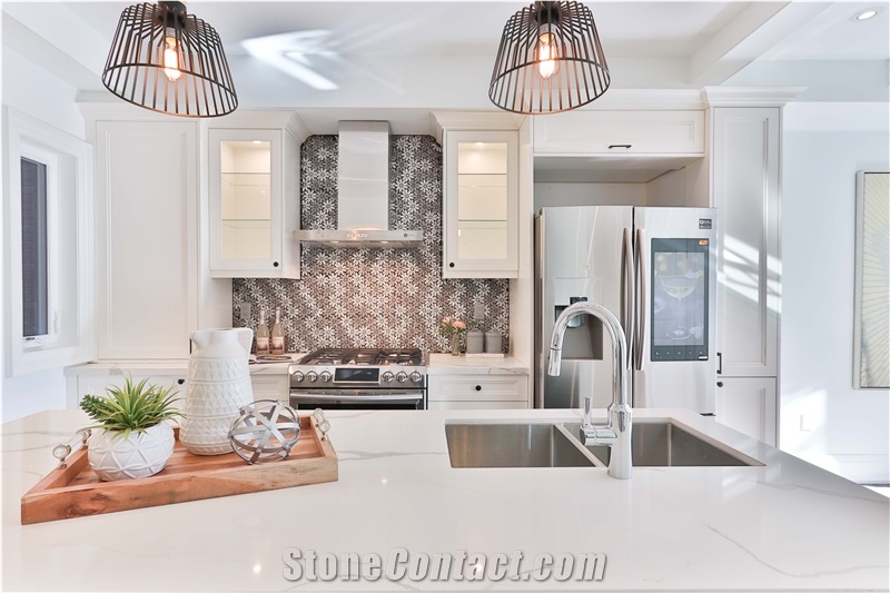 Carrara White Quartz Stone Kitchen Countertop, Island Top