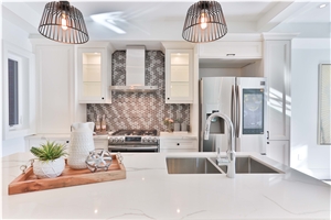 Carrara White Quartz Stone Kitchen Countertop, Island Top