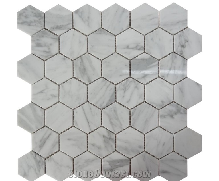 Carrara White Hexagon Marble Mosaic Tile 3"