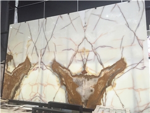 Golden White Onyx for Tv-Wall Covering Slab