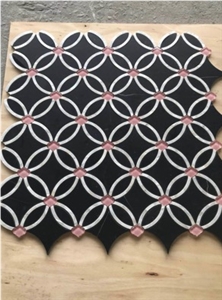Waterjet Inlayed Black Marble Mix Pink Crystal Mosaic