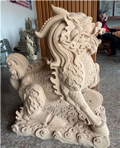 Beige Sandstone Chinese Dragon Statues Stone Kylin