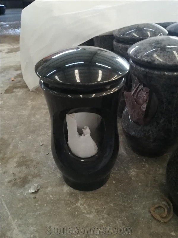 Black Granite Vase and Lantern for Tombstone