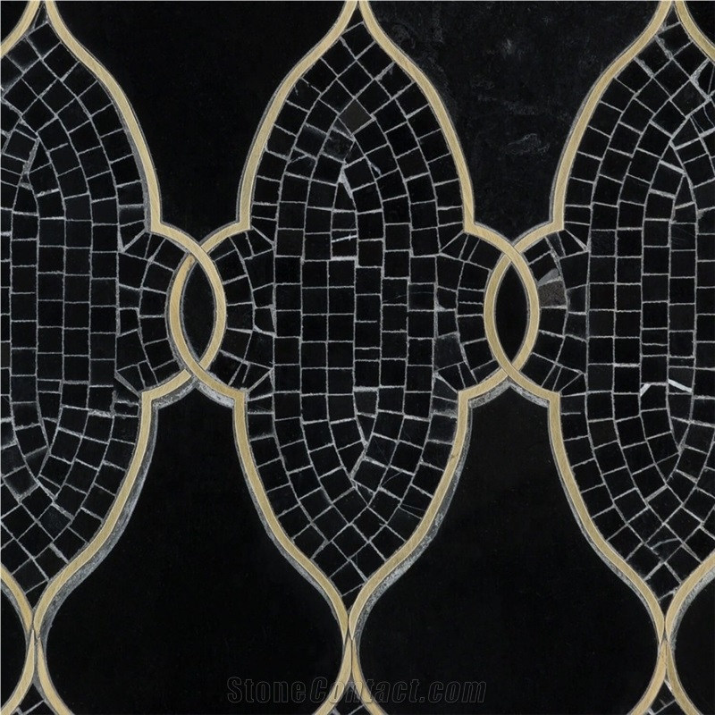 Black Marble Lantern Brass Line Inlay Mosaic Tile