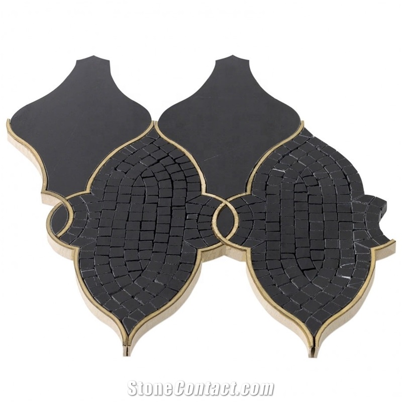 Black Marble Lantern Brass Line Inlay Mosaic Tile