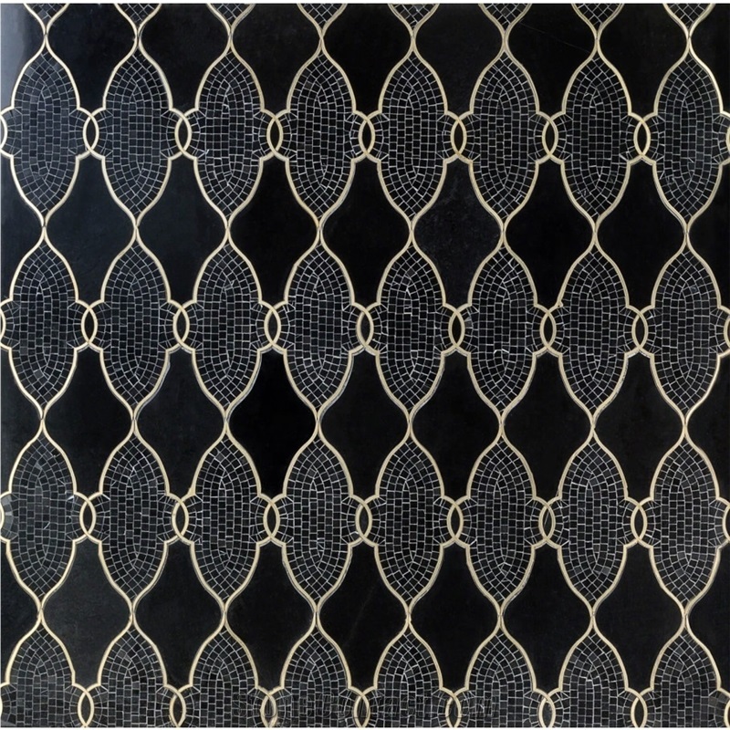 Black Marble Lantern Brass Line Inlay Mosaic Tile
