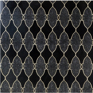 Black Marble Lantern Brass Line Inlay Mosaic Tile