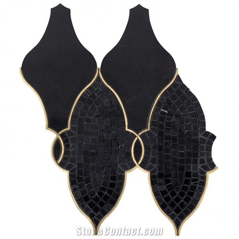 Black Marble Lantern Brass Line Inlay Mosaic Tile
